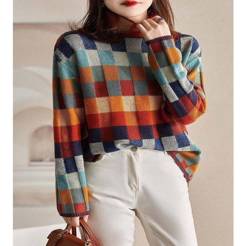 Plaidelle™ – Vibrant Plaid Knit Pullover For Woman