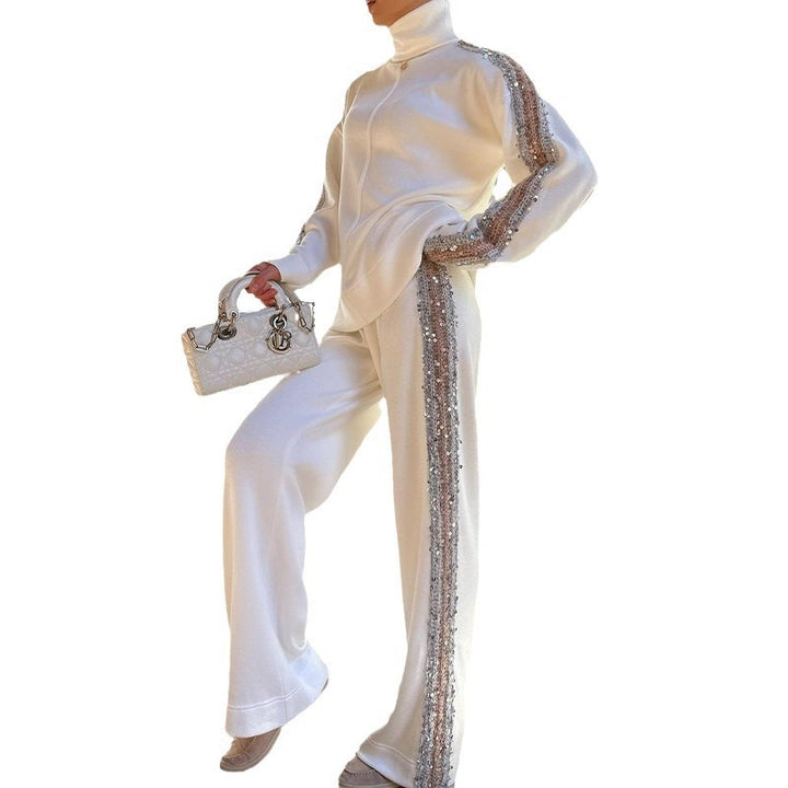 GlamAura™ – Sequin-Trim Turtleneck Blouse & Pants Set