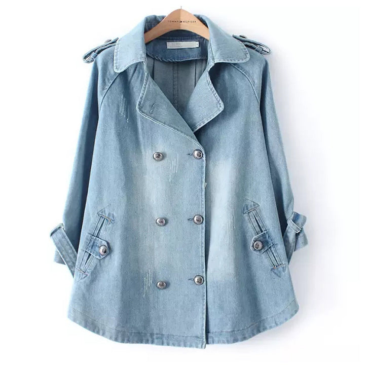 CapeDenim™ – Women’s Double-Breasted A-Line Denim Windbreaker