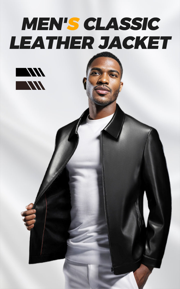 Men's Classic Leather Jacket with Zipper Front