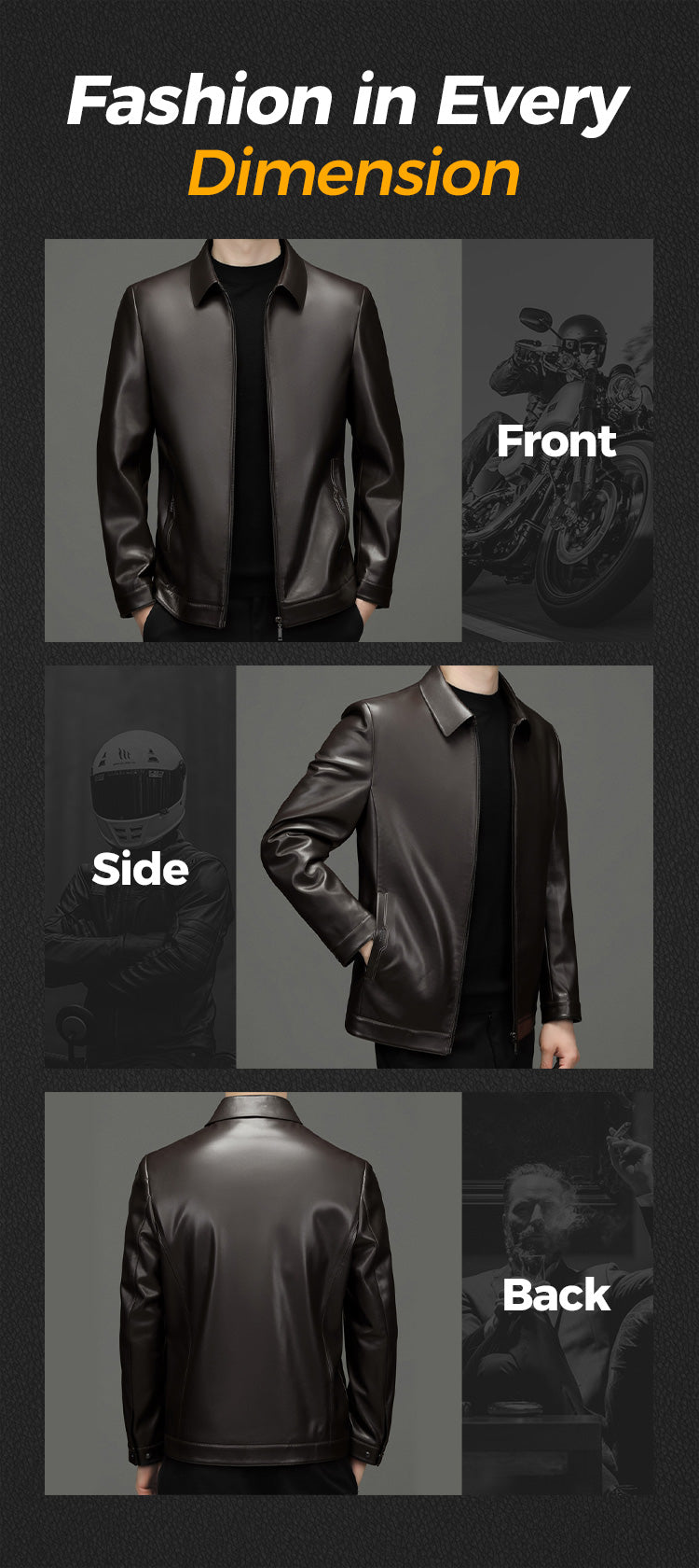 Men's Classic Leather Jacket with Zipper Front