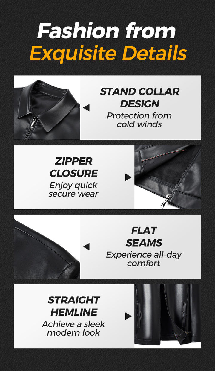 Men's Classic Leather Jacket with Zipper Front