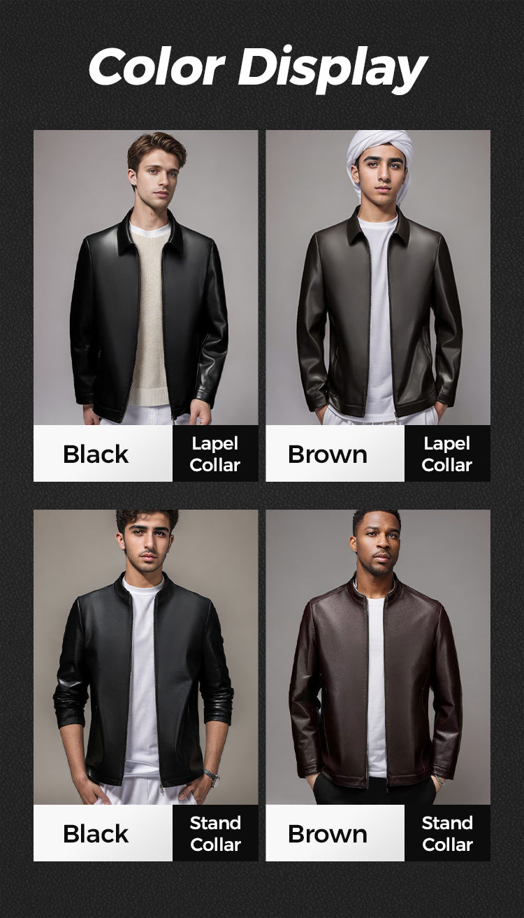 Men's Classic Leather Jacket with Zipper Front