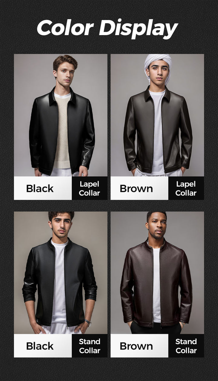 Men's Classic Leather Jacket with Zipper Front