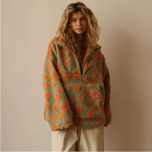 Floretta™ – Lambskin Woman Flower‑Zip Sweatshirt Pullover