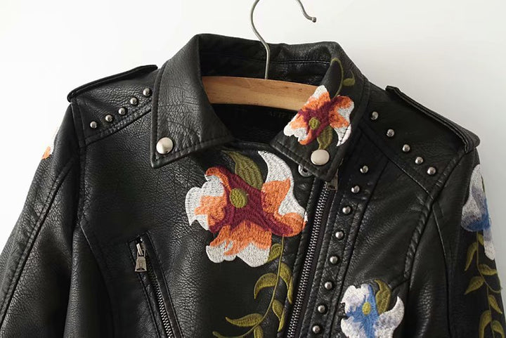 RebelBloom™ – Stud & Embroidery Moto Jacket For Woman