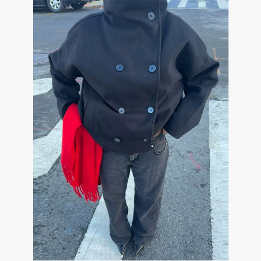 Civara™ Women’s Short Wool Jacket – Loose Fit, Stand Collar