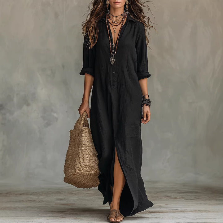 LapelFlow™ – Woman Long-Sleeve Side-Slit Maxi Dress