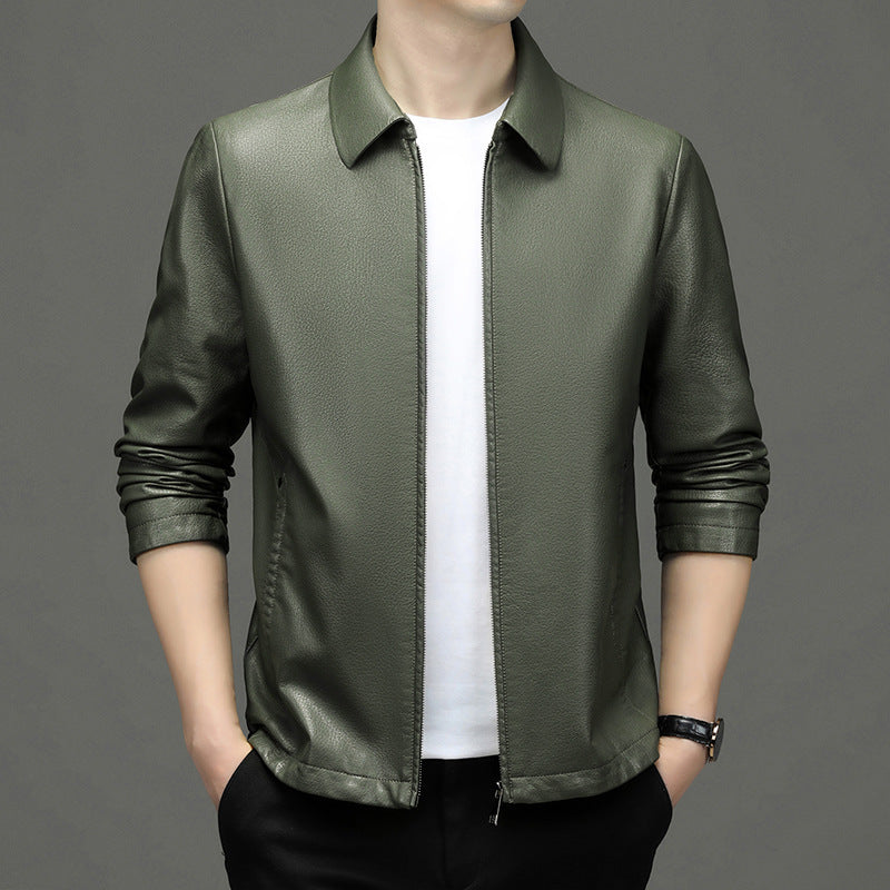 Men's Classic Leather Jacket with Zipper Front