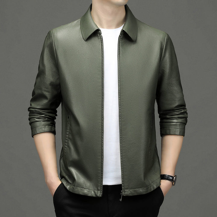 Men's Classic Leather Jacket with Zipper Front