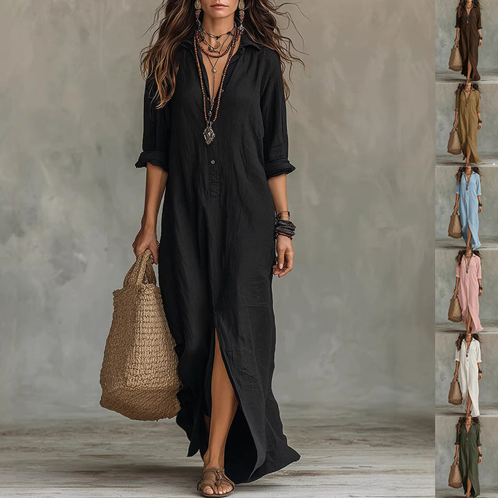 LapelFlow™ – Woman Long-Sleeve Side-Slit Maxi Dress