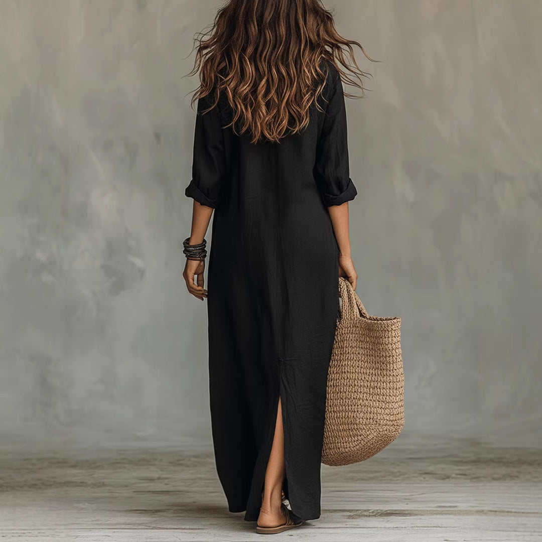 LapelFlow™ – Woman Long-Sleeve Side-Slit Maxi Dress