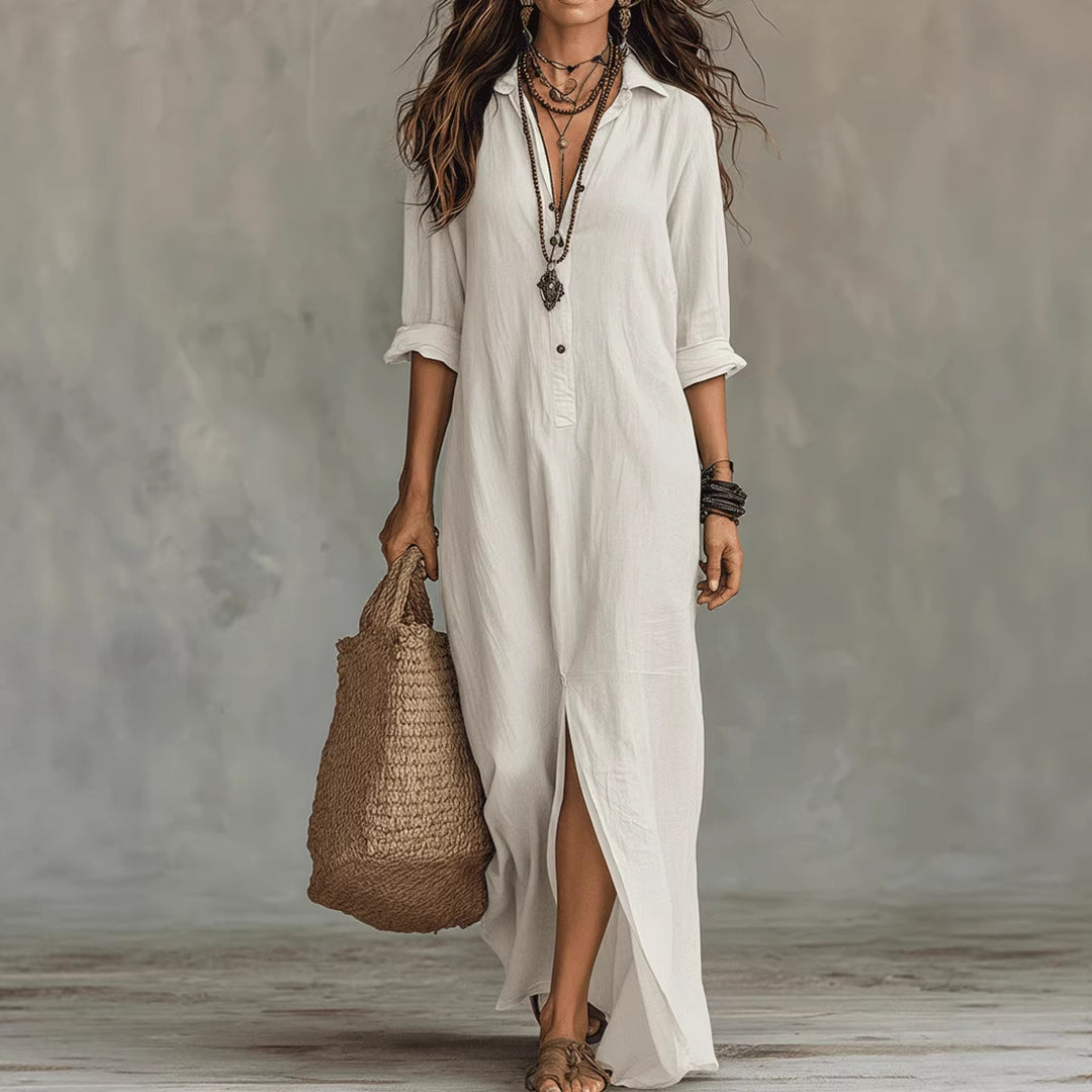 LapelFlow™ – Woman Long-Sleeve Side-Slit Maxi Dress