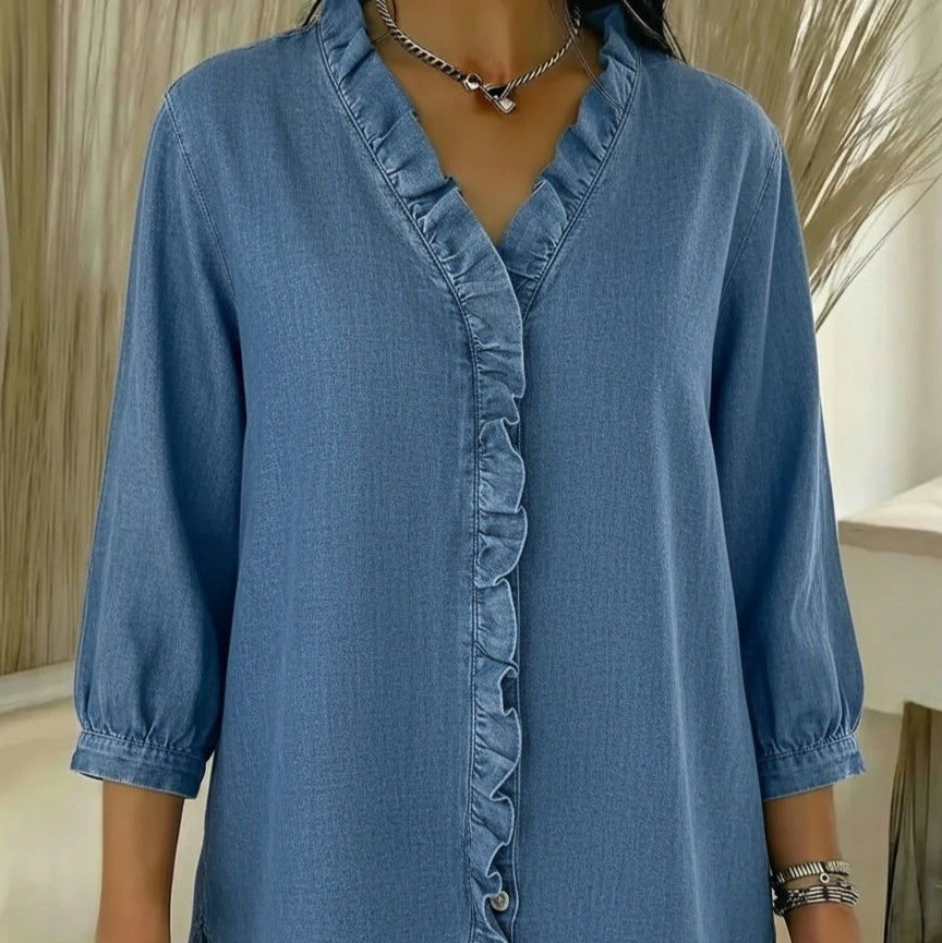 AuraRuffle™ – Woman Relaxed Denim Blouse