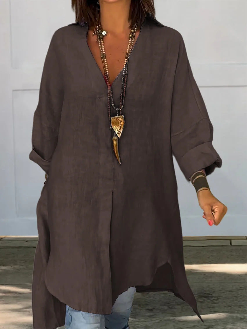 Summer Casual Cotton Linen V-Neck Shirt