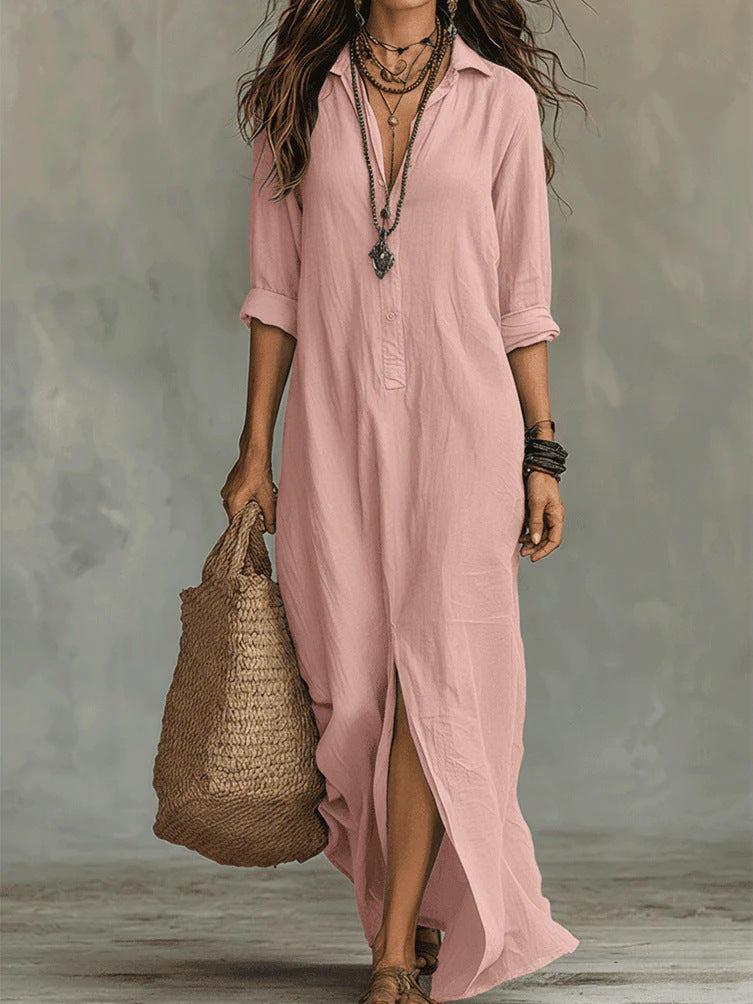 LapelFlow™ – Woman Long-Sleeve Side-Slit Maxi Dress