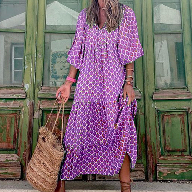 BELLA VITA™ Boho Print V-Neck Maxi Dress for Women