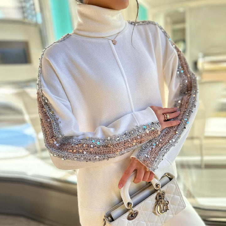 GlamAura™ – Sequin-Trim Turtleneck Blouse & Pants Set