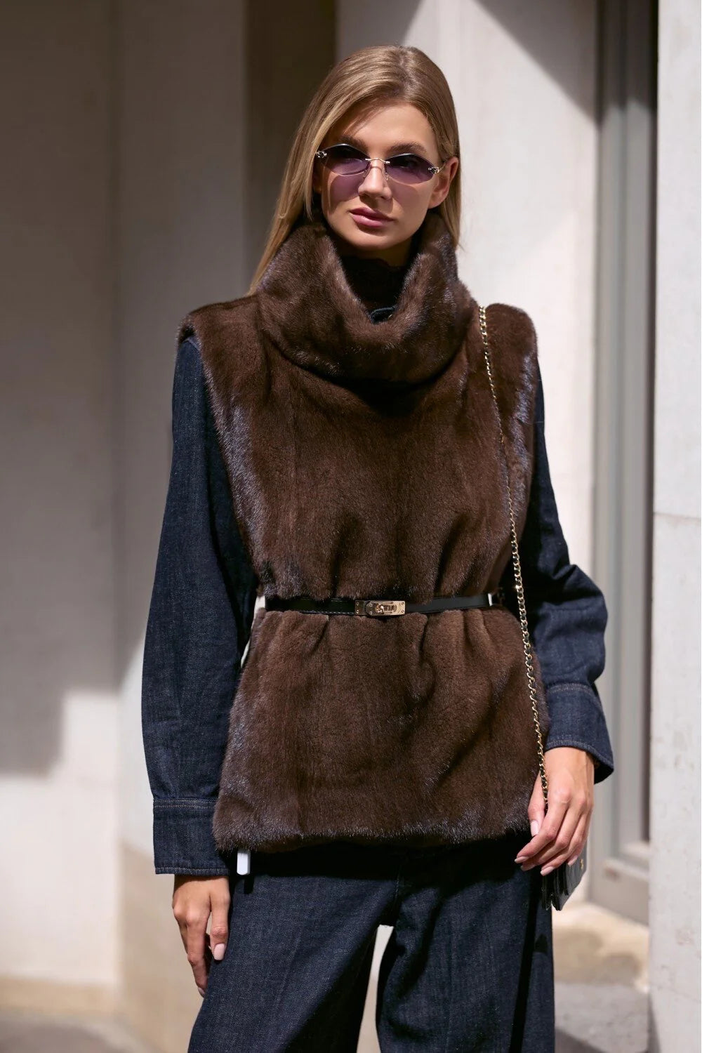 Ellora™ – Belted Woman Turtleneck Sleeveless Blouse