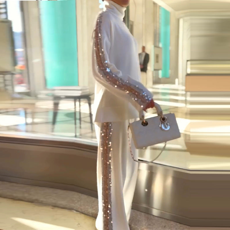 GlamAura™ – Sequin-Trim Turtleneck Blouse & Pants Set