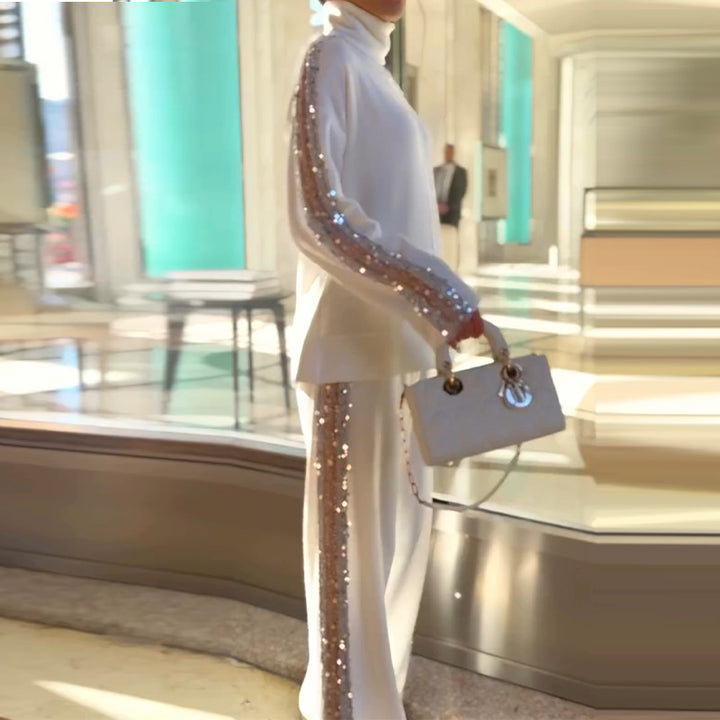 GlamAura™ – Sequin-Trim Turtleneck Blouse & Pants Set