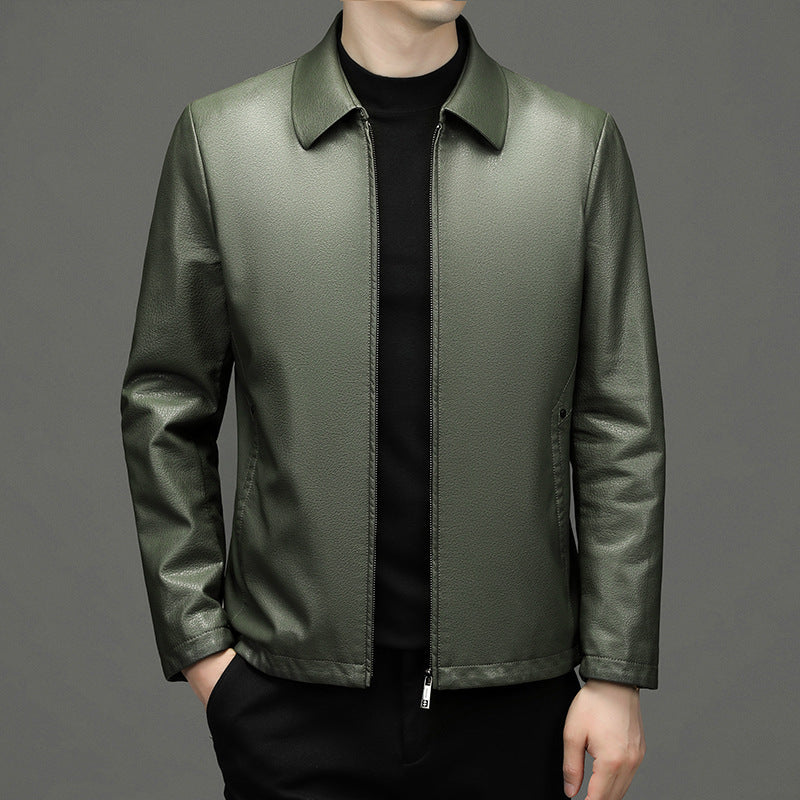 Men's Classic Leather Jacket with Zipper Front