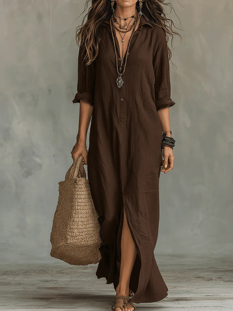 LapelFlow™ – Woman Long-Sleeve Side-Slit Maxi Dress