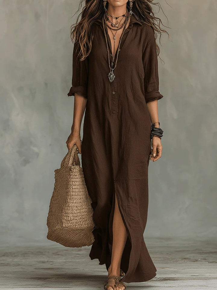 LapelFlow™ – Woman Long-Sleeve Side-Slit Maxi Dress