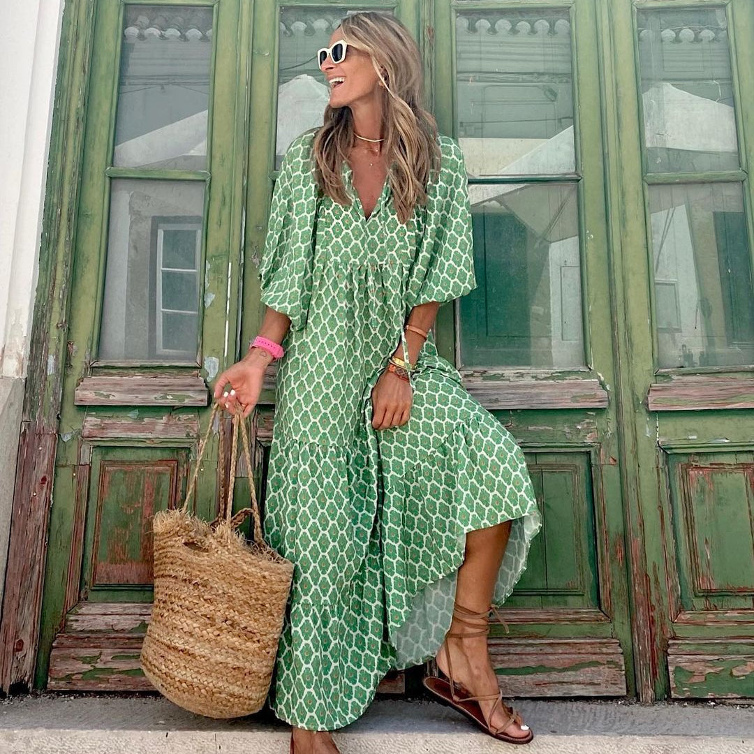 BELLA VITA™ Boho Print V-Neck Maxi Dress for Women