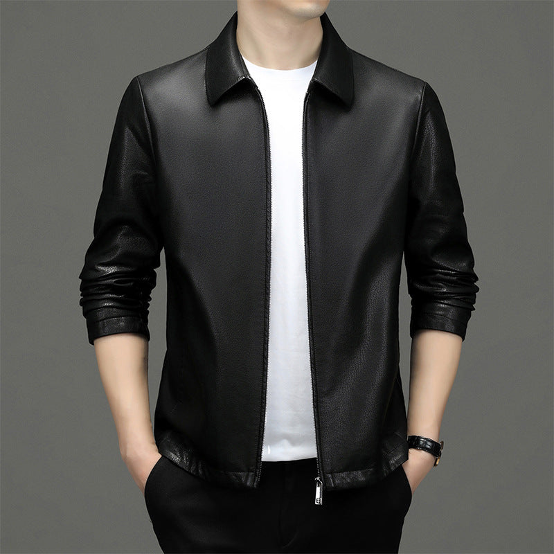 Men's Classic Leather Jacket with Zipper Front