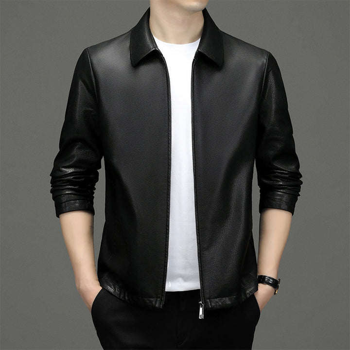 Men's Classic Leather Jacket with Zipper Front