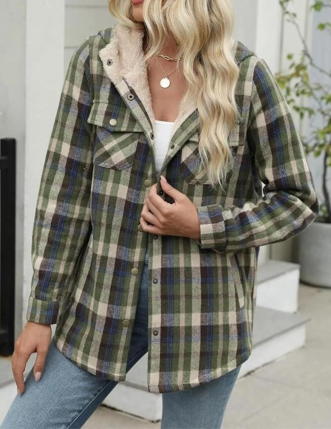 woman wearing a plaid jacket with a neutral background.
women’s fleece-lined coat, plaid hooded jacket, cozy plaid coat, warm women’s outerwear, fleece-lined plaid jacket, hooded winter coat, stylish plaid coat, comfortable women’s jacket, casual fleece coat, insulated plaid outerwear

