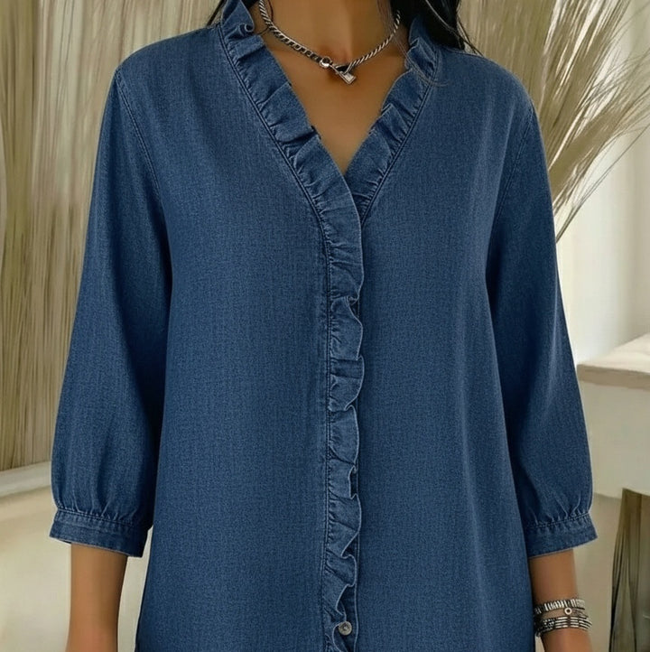 AuraRuffle™ – Woman Relaxed Denim Blouse