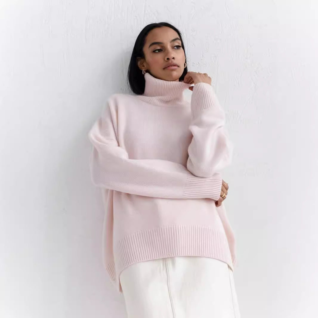 women wearing a light pink turtleneck sweater against a white background.
women’s mock neck sweater, cozy pullover, soft knit top, casual women’s sweater, everyday mock neck pullover, lightweight knit top, comfortable women’s sweater, relaxed fit mock neck, versatile women’s knitwear, stylish cozy top

