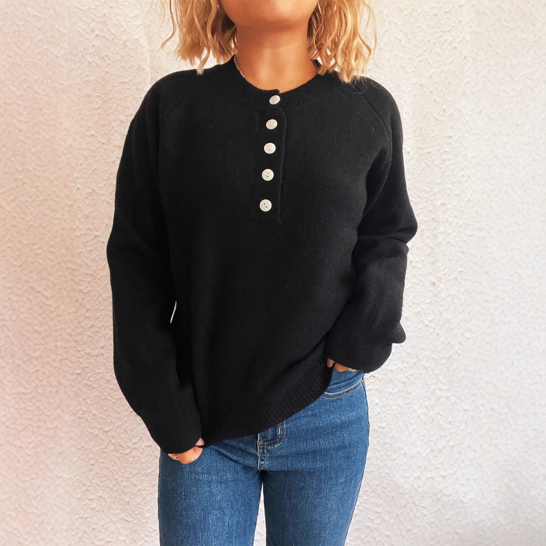 ButtonMuse™ – Women’s Round-Neck Button Knit Sweater