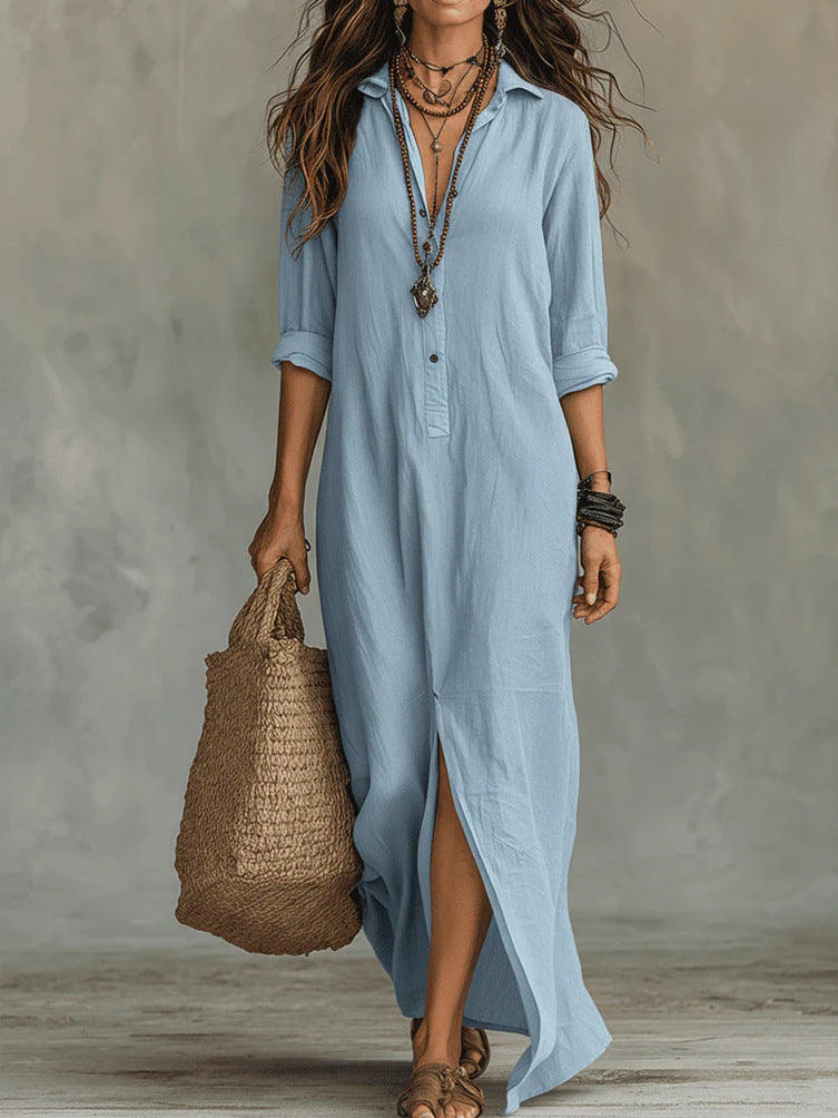 LapelFlow™ – Woman Long-Sleeve Side-Slit Maxi Dress