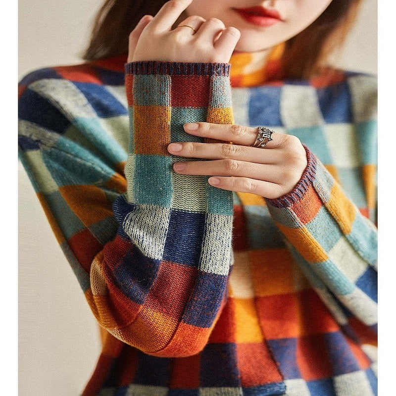 Plaidelle™ – Vibrant Plaid Knit Pullover For Woman