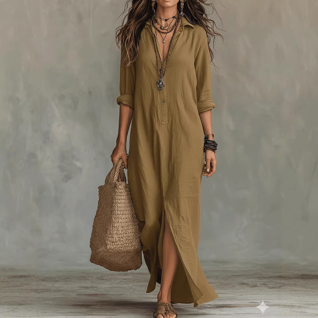 LapelFlow™ – Woman Long-Sleeve Side-Slit Maxi Dress