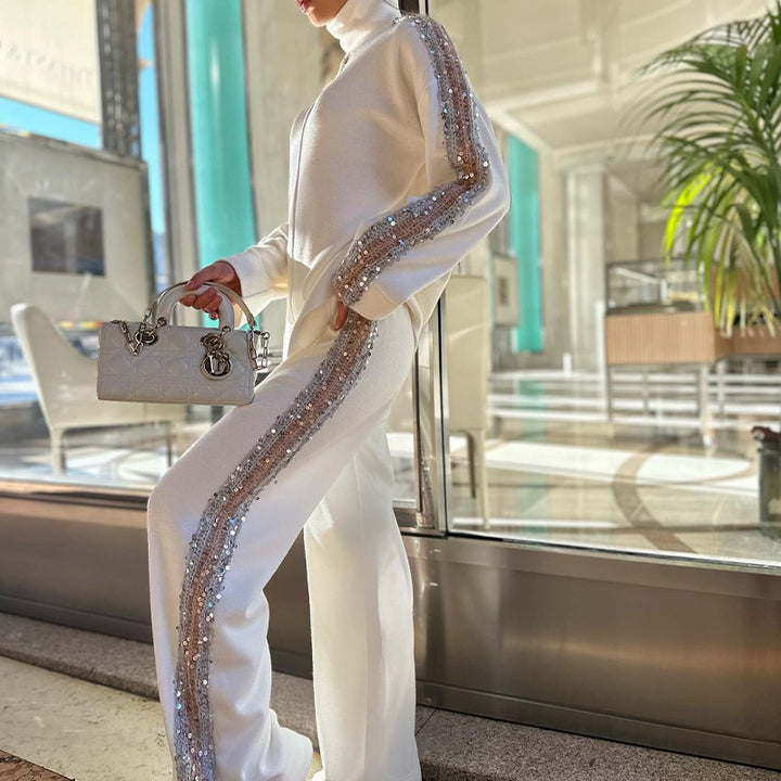 GlamAura™ – Sequin-Trim Turtleneck Blouse & Pants Set