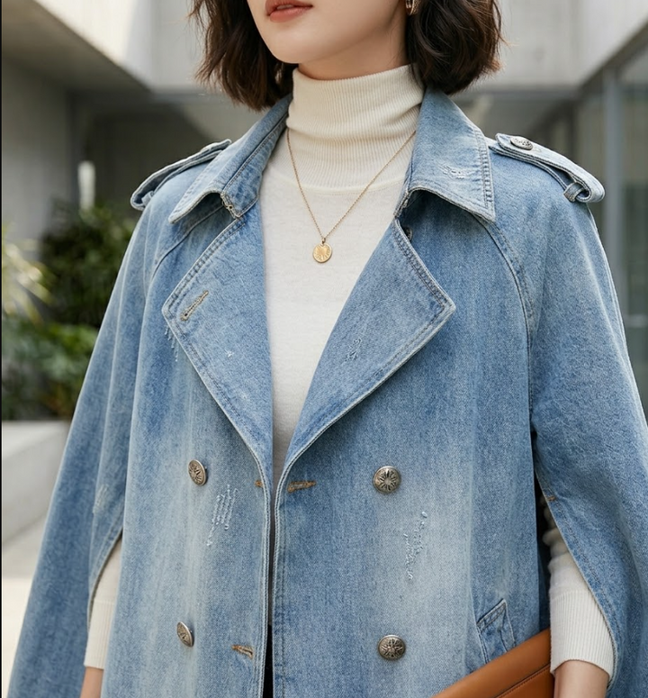 CapeDenim™ – Women’s Double-Breasted A-Line Denim Windbreaker