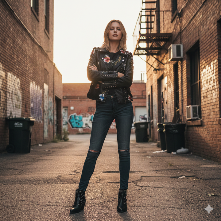 RebelBloom™ – Stud & Embroidery Moto Jacket For Woman