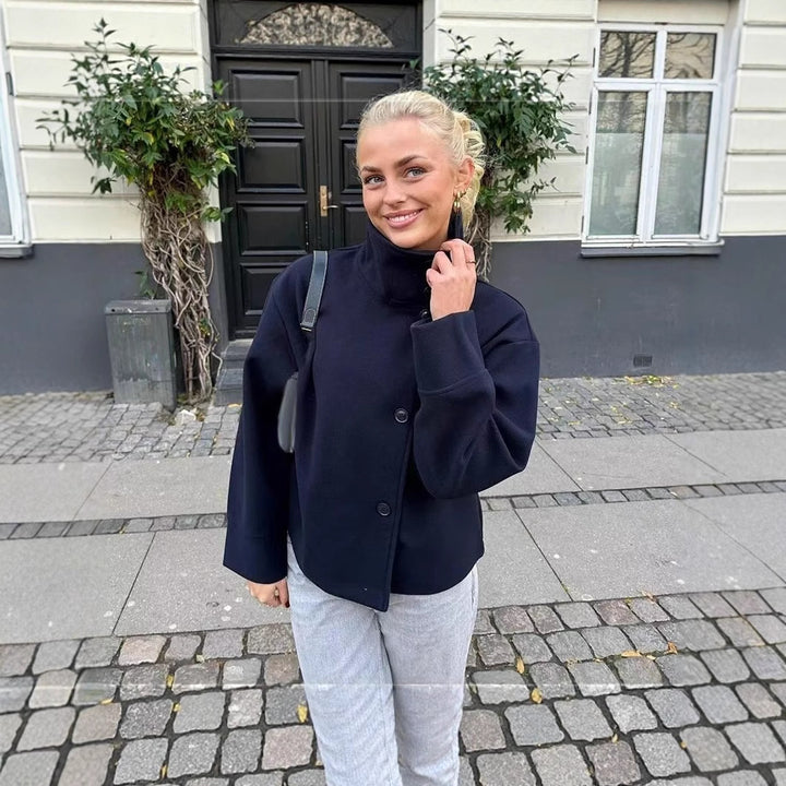 Civara™ Women’s Short Wool Jacket – Loose Fit, Stand Collar