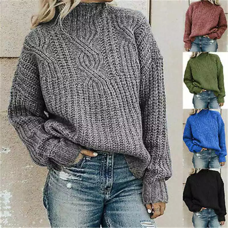 Woman wearing a gray knitted sweater and blue jeans against a beige wall.
women’s high-neck sweater, twist detail pullover, knit sweater for women, casual high-neck jumper, soft women’s pullover, everyday knit top, cozy twist sweater, relaxed fit jumper, women’s winter knit, stylish casual sweater, versatile women’s jumper, warm high-neck knit, lightweight women’s sweater, modern twist pullover, comfortable knit sweater

