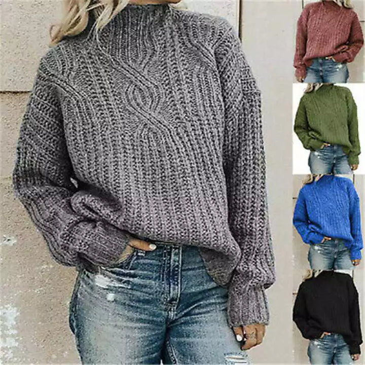 Woman wearing a gray knitted sweater and blue jeans against a beige wall.
women’s high-neck sweater, twist detail pullover, knit sweater for women, casual high-neck jumper, soft women’s pullover, everyday knit top, cozy twist sweater, relaxed fit jumper, women’s winter knit, stylish casual sweater, versatile women’s jumper, warm high-neck knit, lightweight women’s sweater, modern twist pullover, comfortable knit sweater

