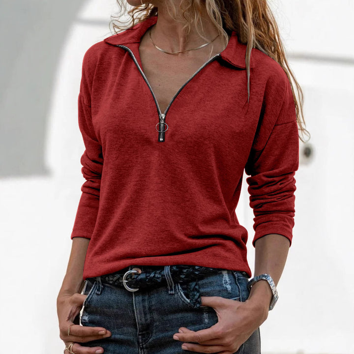 Velora™ Zip-Up Blouse – Women’s Lapel Collar Top