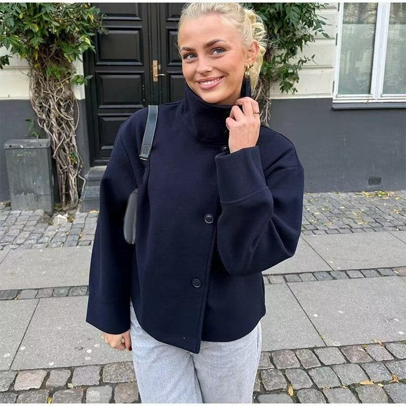 Civara™ Women’s Short Wool Jacket – Loose Fit, Stand Collar