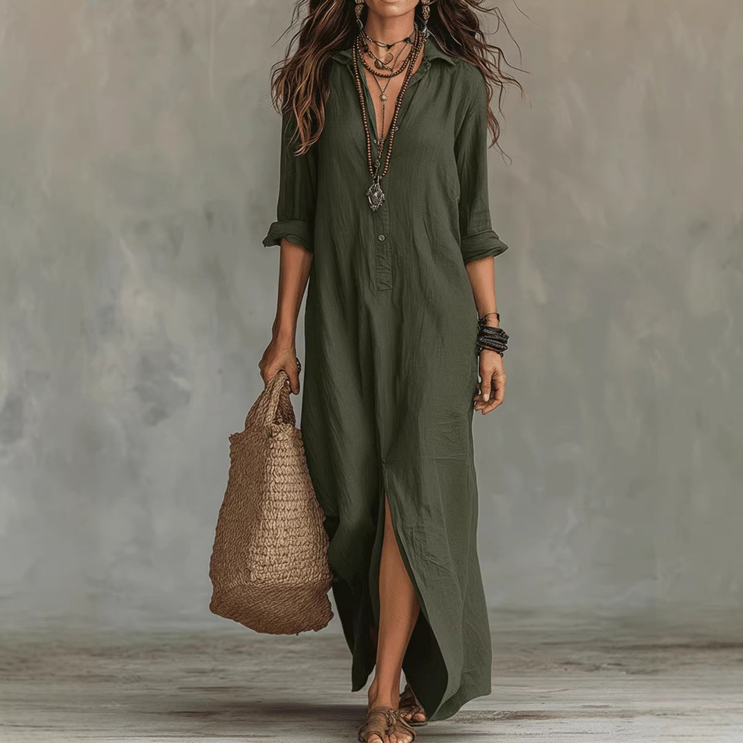 LapelFlow™ – Woman Long-Sleeve Side-Slit Maxi Dress