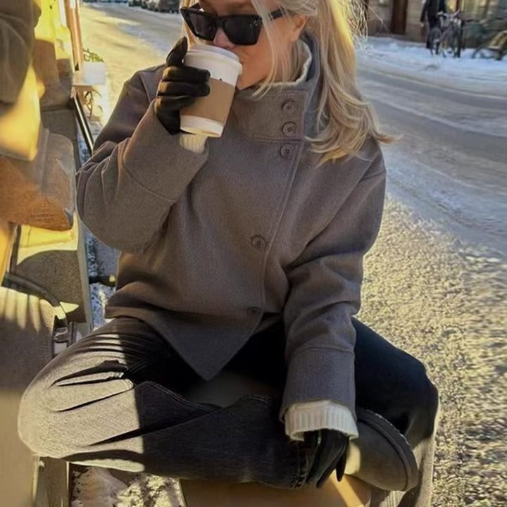 Civara™ Women’s Short Wool Jacket – Loose Fit, Stand Collar