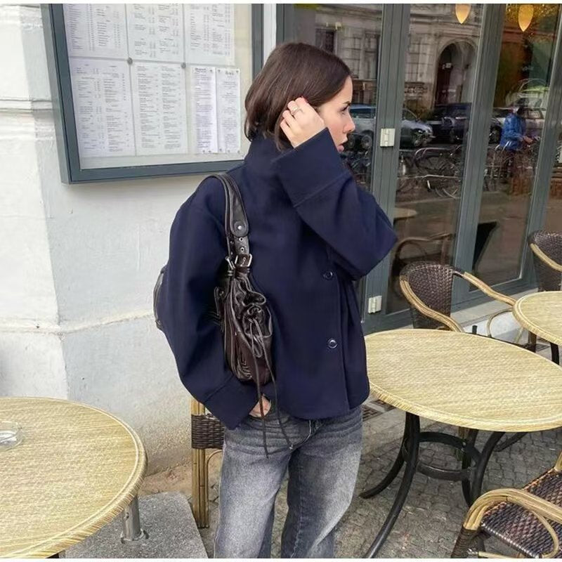 Civara™ Women’s Short Wool Jacket – Loose Fit, Stand Collar