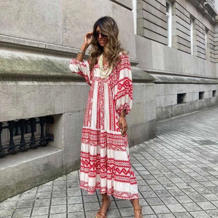 BELLA VITA™ Boho Print V-Neck Maxi Dress for Women